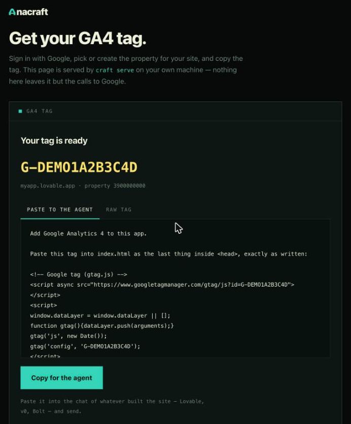 The page craft serve opens, showing a measurement id in gold with the tag written out below it and a button that copies it.